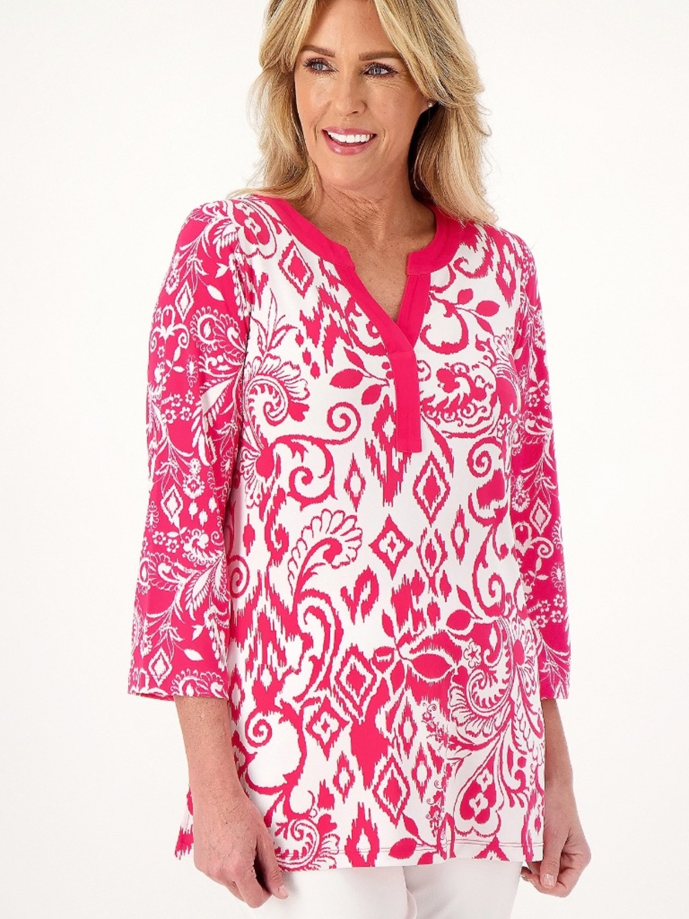 Susan Graver Liquid Knit 3/4 Sleeve Split-Neck Top - Pink/White Pattern - 1X EUC